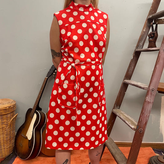 vtg 60s RED POLKA DOT Dress // vintage cute retro geometric print belted mini dress with pockets cute casual funky mod space age go go shift