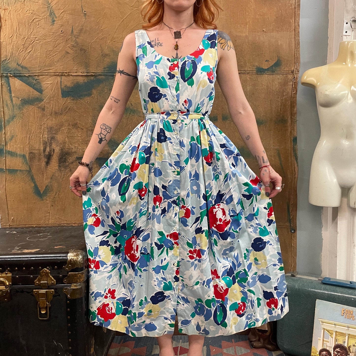 vtg 80s FLORAL TANK DRESS // vintage full length autumn layering dress with pockets button up flowy skirt cottage garden patterned flirty