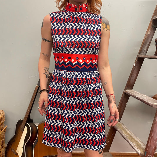 vtg 60s MOD MINI DRESS // vintage flower power retro abstract patterned shift dress mod space age go go  twiggy style twee primary colors
