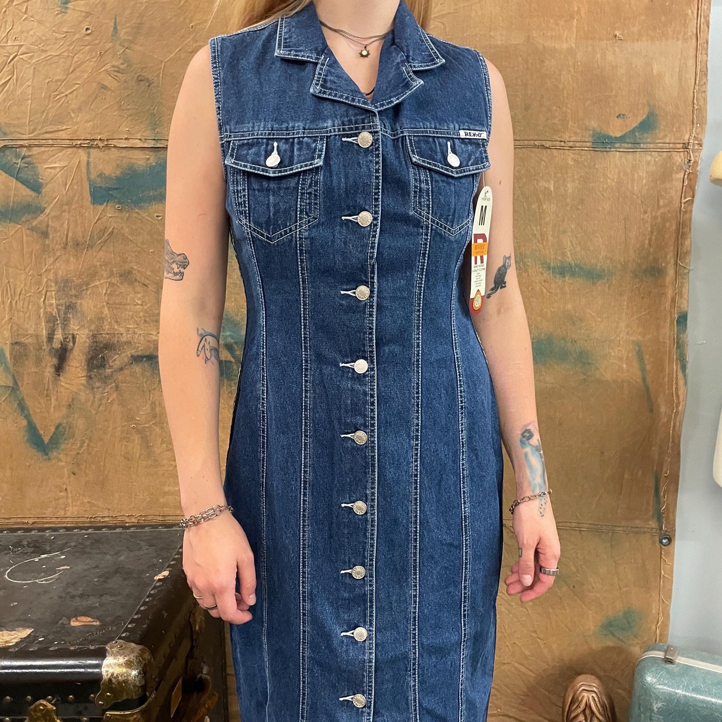 vtg 90s LONG DENIM DRESS // vintage Y2K deadstock racing striped dark wash jean maxi dress collared full length grunge delias brat layers