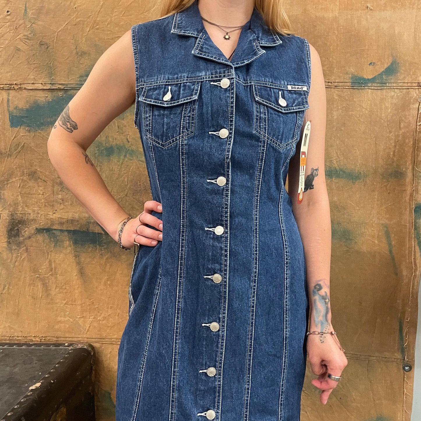 vtg 90s LONG DENIM DRESS // vintage Y2K deadstock racing striped dark wash jean maxi dress collared full length grunge delias brat layers