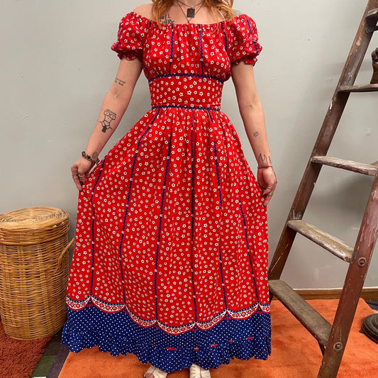 vtg 70s FLOWER POWER MAXI // vintage off the shoulder americana ric rac trimmed corset style long flowy prairie maiden romantic revival