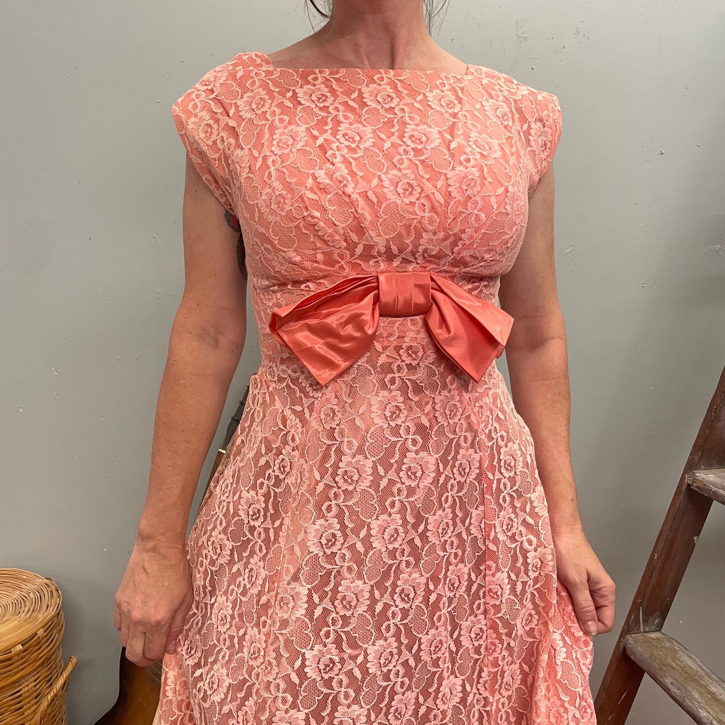 vtg 60s PINK BOW MAXI Dress // bubblegum pink cap sleeve full length flowy lace net overlay retro fancy party cupcake dress pastel patterned