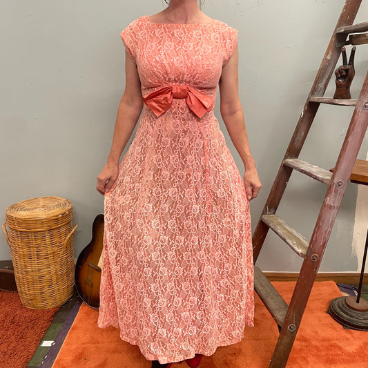 vtg 60s PINK BOW MAXI Dress // bubblegum pink cap sleeve full length flowy lace net overlay retro fancy party cupcake dress pastel patterned