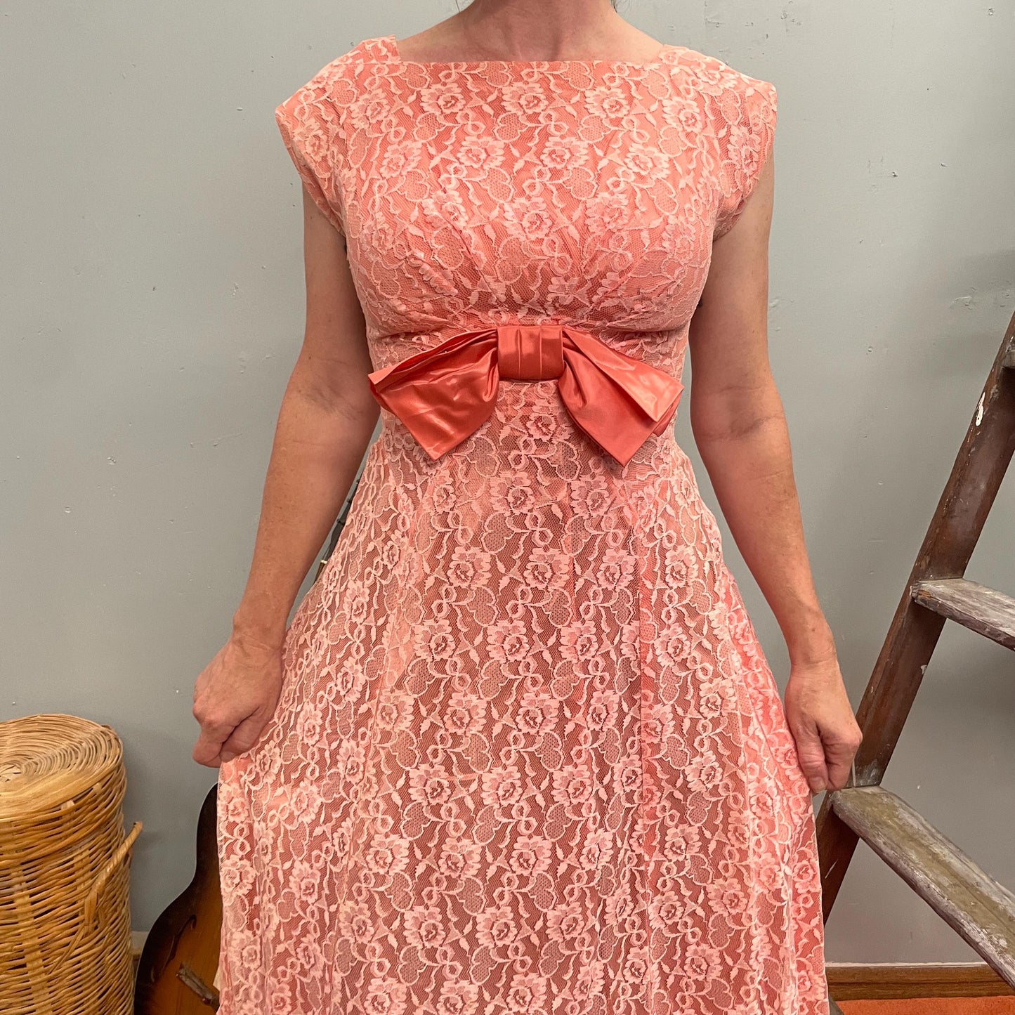 vtg 60s PINK BOW MAXI Dress // bubblegum pink cap sleeve full length flowy lace net overlay retro fancy party cupcake dress pastel patterned