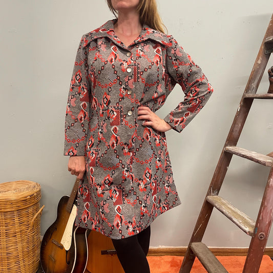 vtg 70s PSYCHEDELIC KNIT DRESS // vintage abstract pattern pointy collar retro tent dress autumn vibes a line midi shift dress trippy jacket