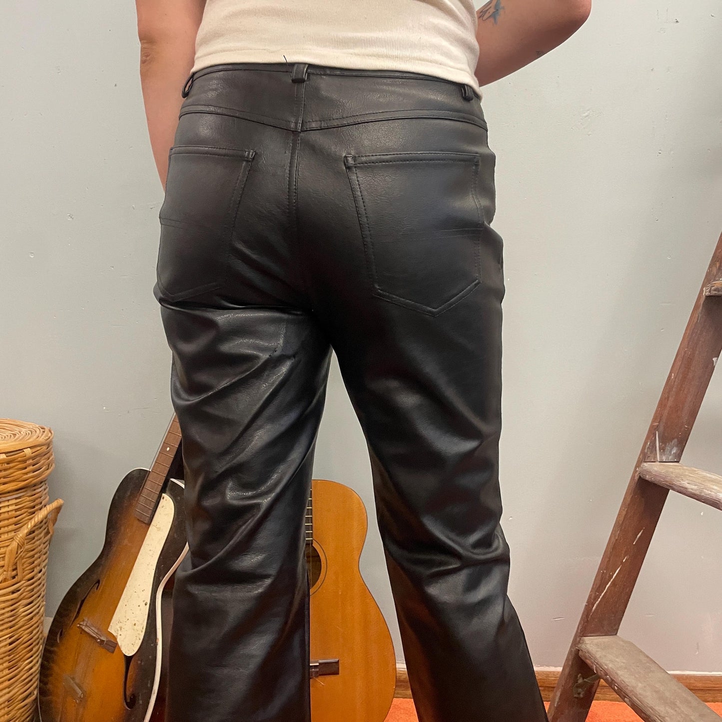 vtg 90s BLACK PLEATHER PANTS // vintage arizona shiny black faux leather pockets goth alternative grunge retro rocker sexy high waisted y2k