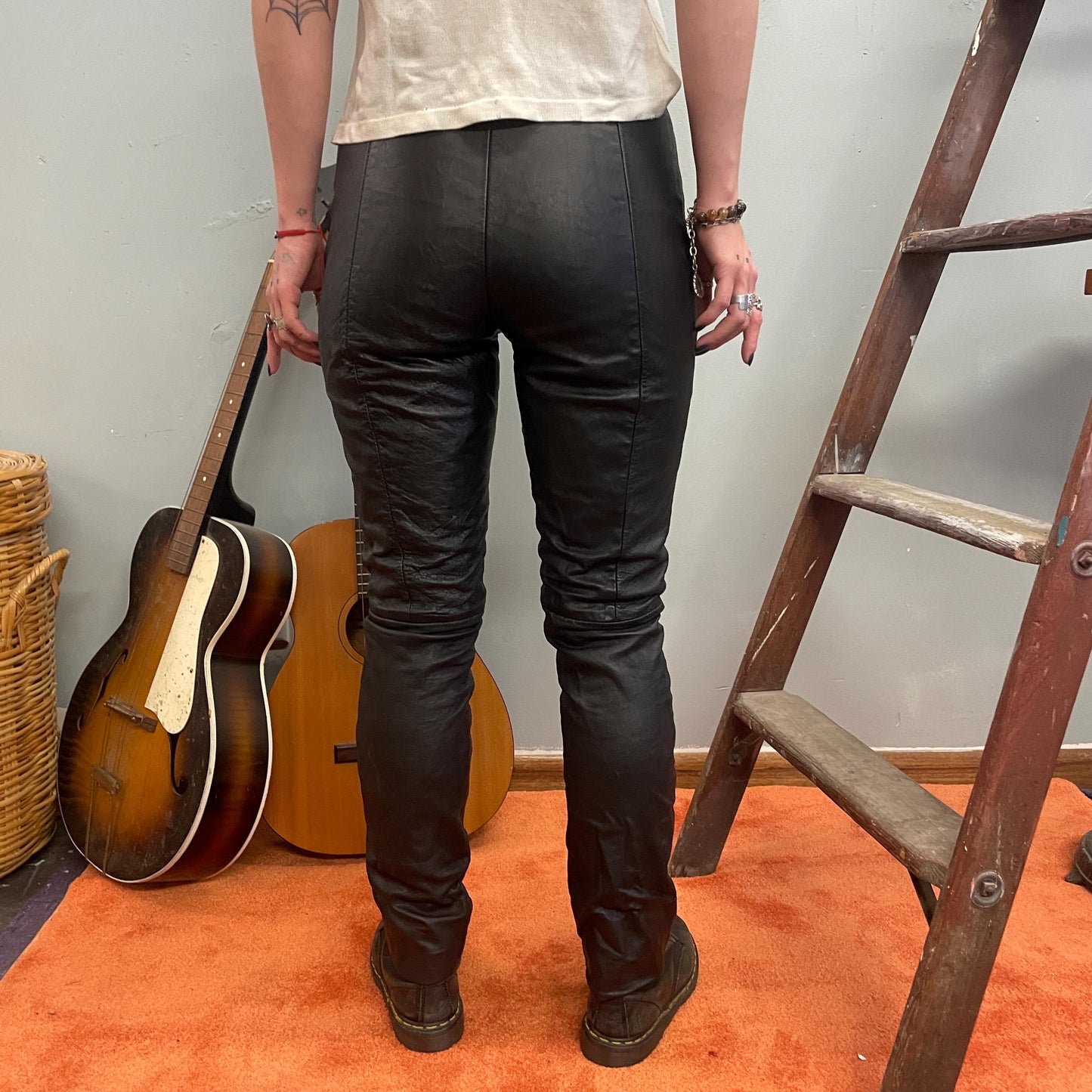 vtg 80s BLACK LEATHER PANTS // vintage 90s matrix mod tapered soft goth autumn retro grunge high rise sexy wet look tight sandy grease style