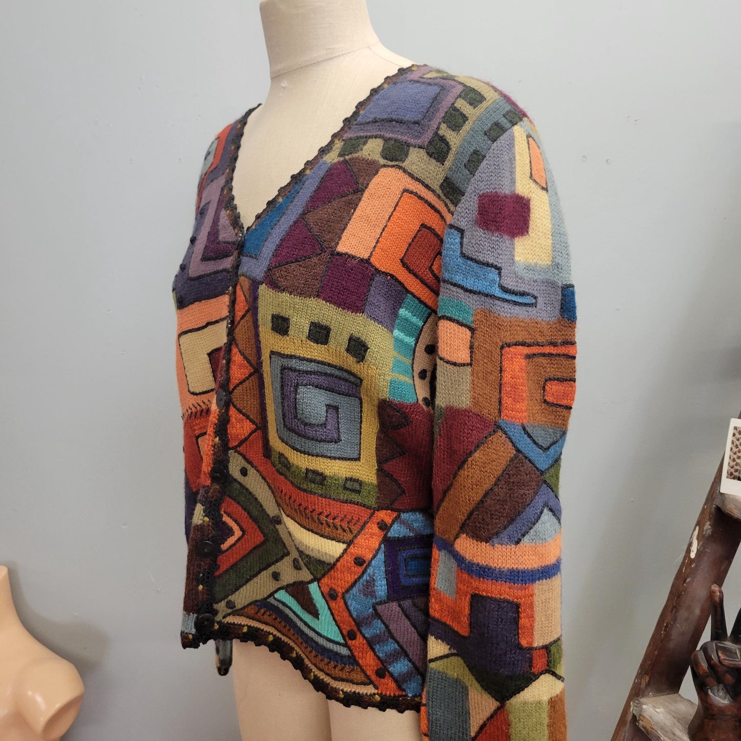 vtg 90s ABSTRACT PATCHWORK CARDIGAN // vintage peruvian alpaca fur geometric pattern funky sweater y2k grunge slouchy retro phoebe friends
