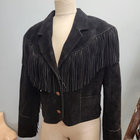 vtg 80s BLACK SUEDE FRINGE Jacket // vintage western hippie biker cropped sexy rugged pioneer wear black leather womens motorcycle jacket