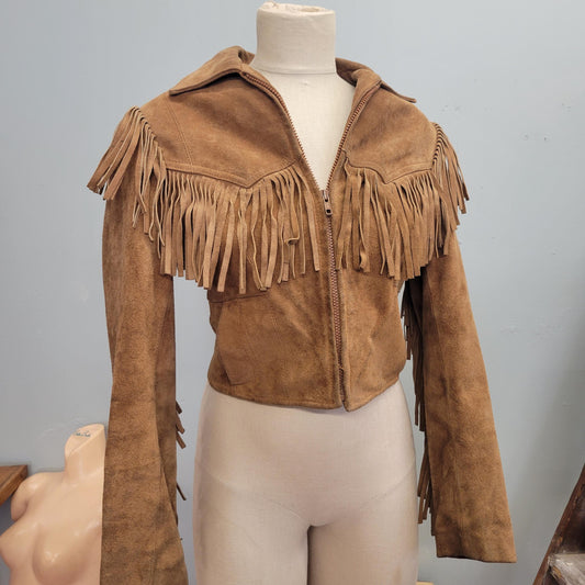 vtg 70s SANDY BROWN FRINGE Jacket // vintage suede leather tan cropped western hippie biker style easy rider buckskin davy Crockett small