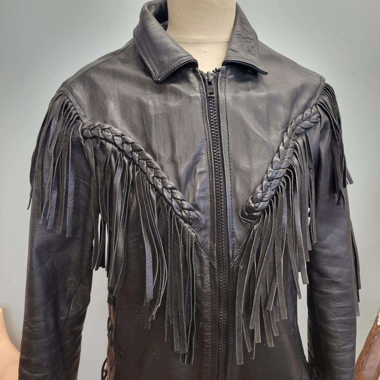 vtg 90s LEATHER FRINGE JACKET // vintage braided detail route 66 true 90s biker motorcycle western easy rider Harley Davidson highway
