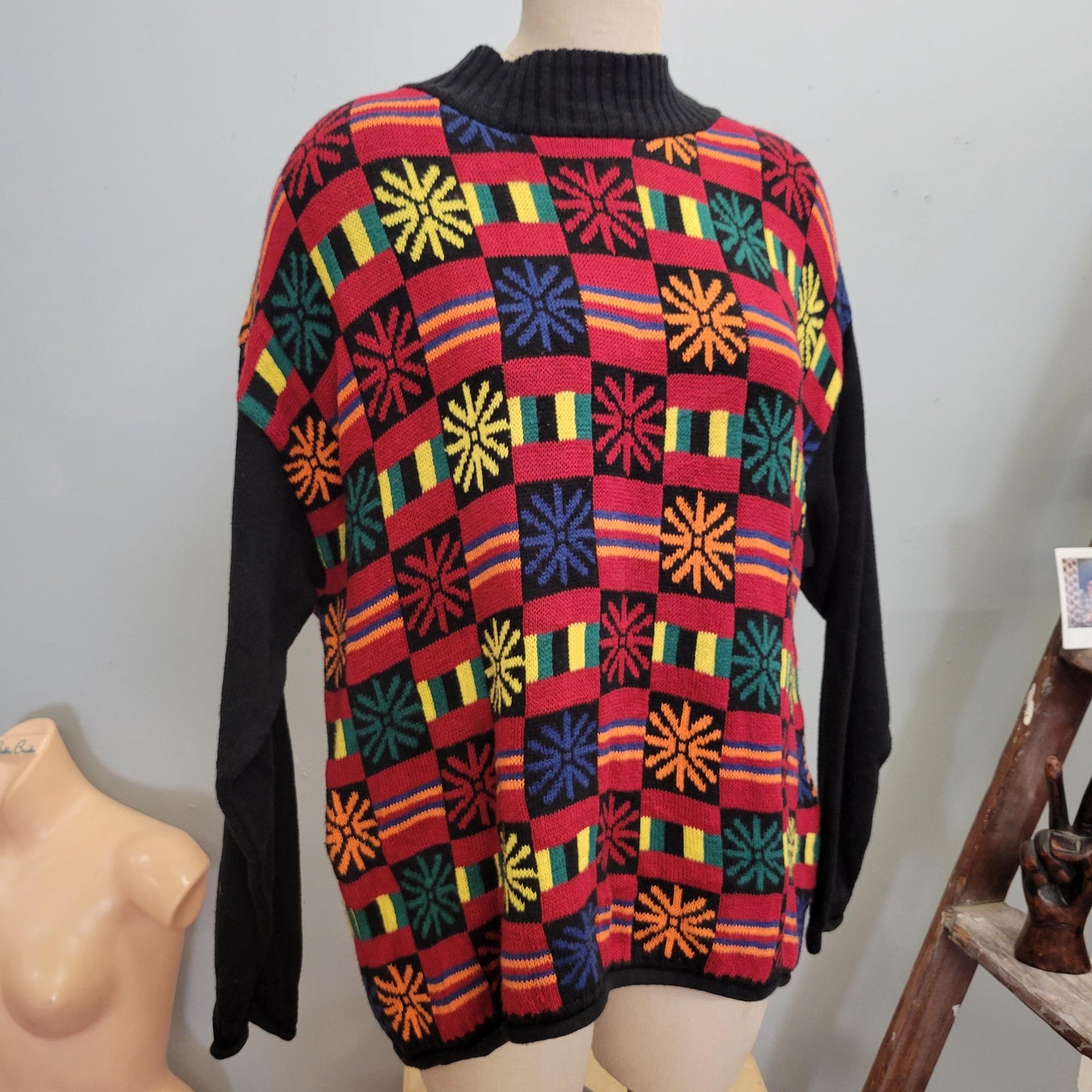 vtg 90s ESPRIT ABSTRACT GEOMETRIC Sweater // vintage wild patterned flower power chunky knit ribbed cotton atomic all over print oversized L