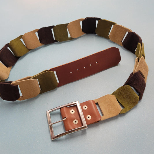 vtg 70s SUEDE COLORBLOCK BELT // vintage patchwork green brown yellow hippie  earth tones leather accessories woodstock era boho retro flare