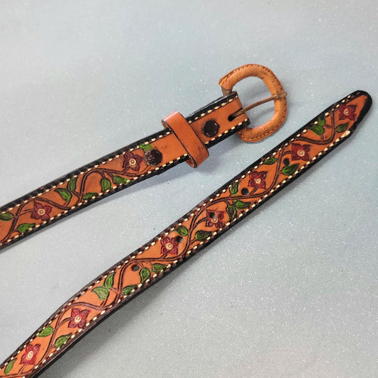 vtg 70s ROSES & THORNS PAINTED Leather // vintage floral ivy vine ornate western red roses  cowgirl hippie boho kitschy chic accessory fall