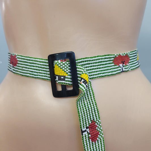 vtg 60s SKINNY BEADED BELT // vintage cute embroidered apple house trees youth accessory 70s hippie mod teacher cottage core