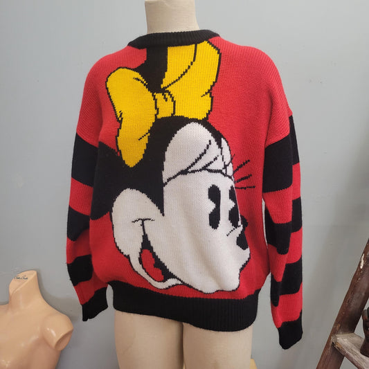 vtg 90s MINNIE MOUSE BIG Print Sweater // vintage xl retro disney big face print pop culture red black striped multicolor slouchy oversized