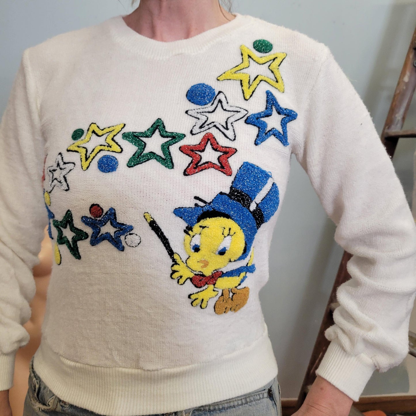 vtg 80s TWEETY BIRD STARS Top // vintage warner bros sparkle knit sweater retro looney tunes cropped sweatshirt baby tee cartoon character