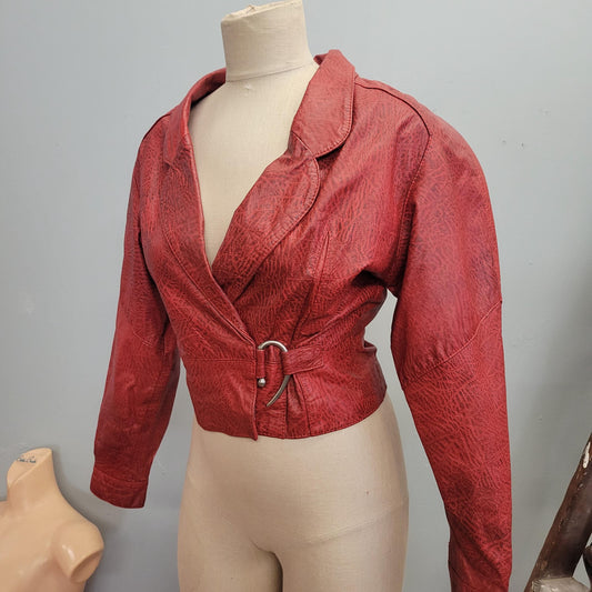 vtg 80s RED LEATHER CROPPED Jacket // vintage snakeskin crocodile black & red deep plunge v neck art deco buckle bomber biker babe Madonna
