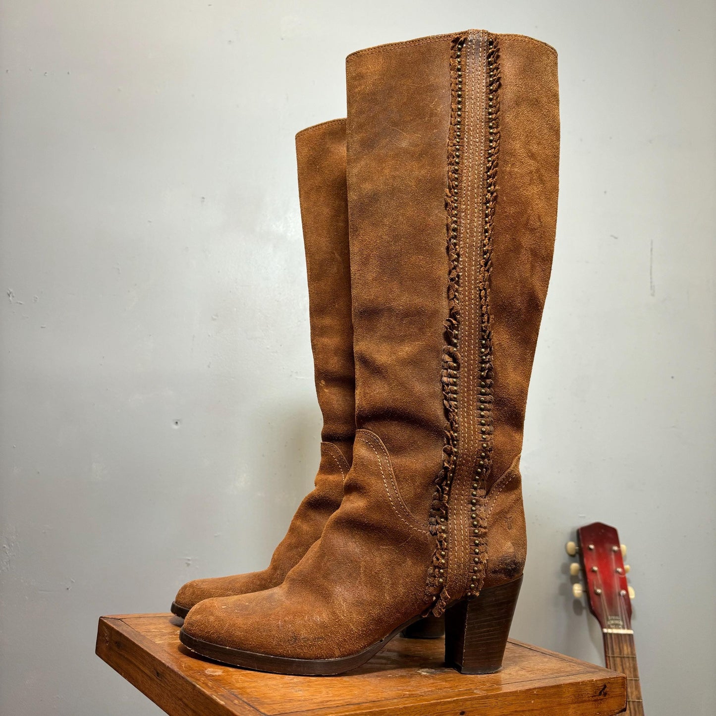 vtg 90s FRYE SUEDE BOOTS // vintage embellished beaded fringe knee high tall brown autumn boots