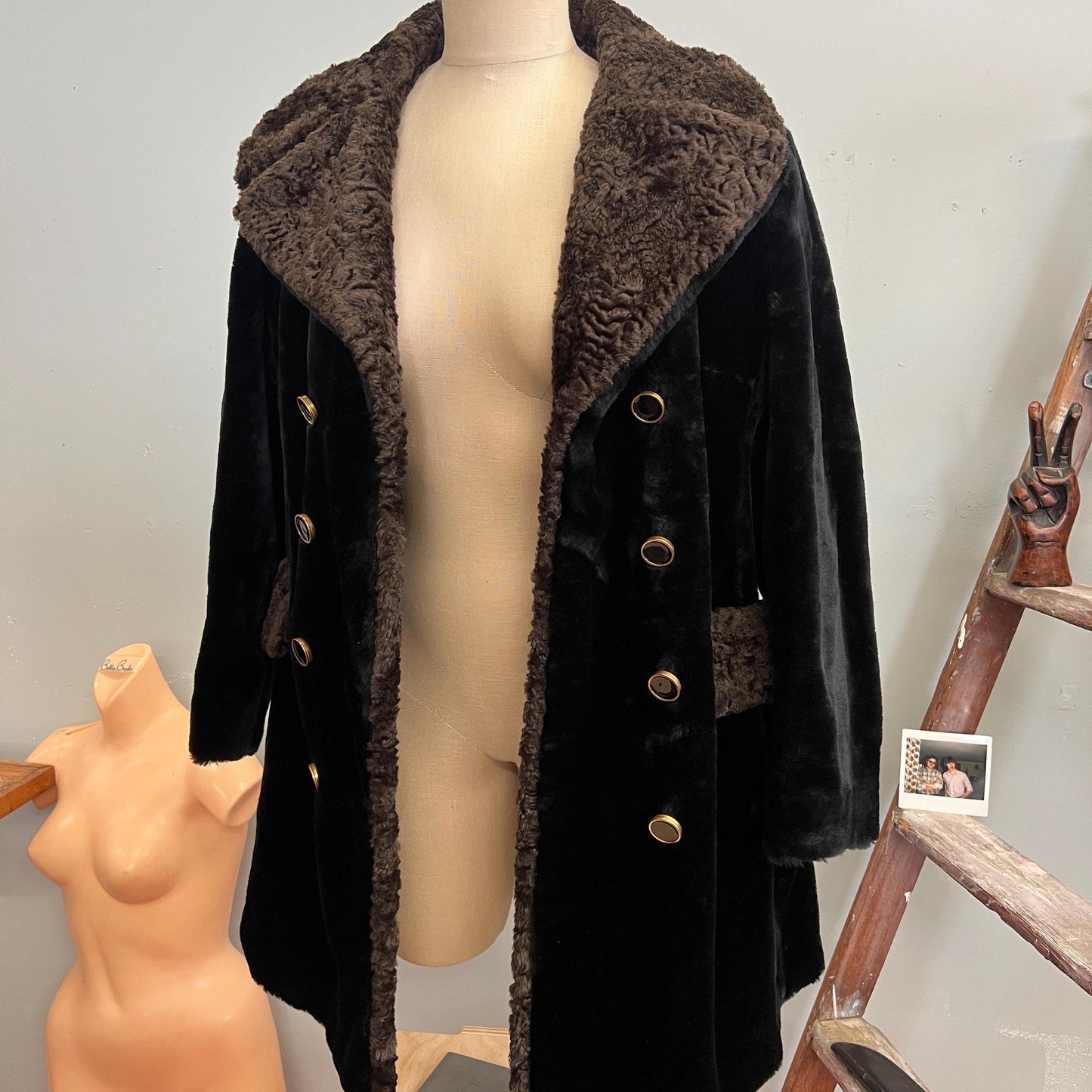vtg 60s FAUX FUR COAT // vintage mod two tone stroller jacket black & brown persian lamb style retro autumn winter stylish warm overcoat