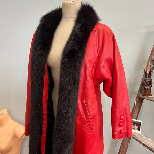 vtg 70s RED LEATHER FUR Trim Jacket // vintage Dero By Rocco D'amelio trench coat disco glam fancy statement autumn winter holiday party