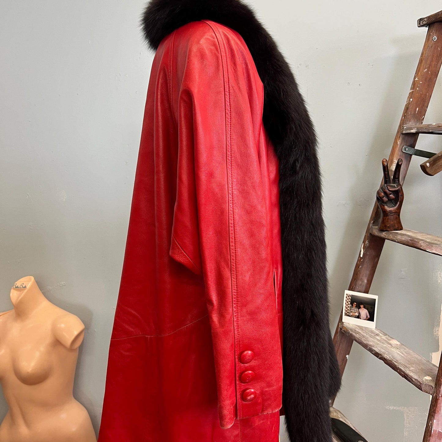 vtg 70s RED LEATHER FUR Trim Jacket // vintage Dero By Rocco D'amelio trench coat disco glam fancy statement autumn winter holiday party