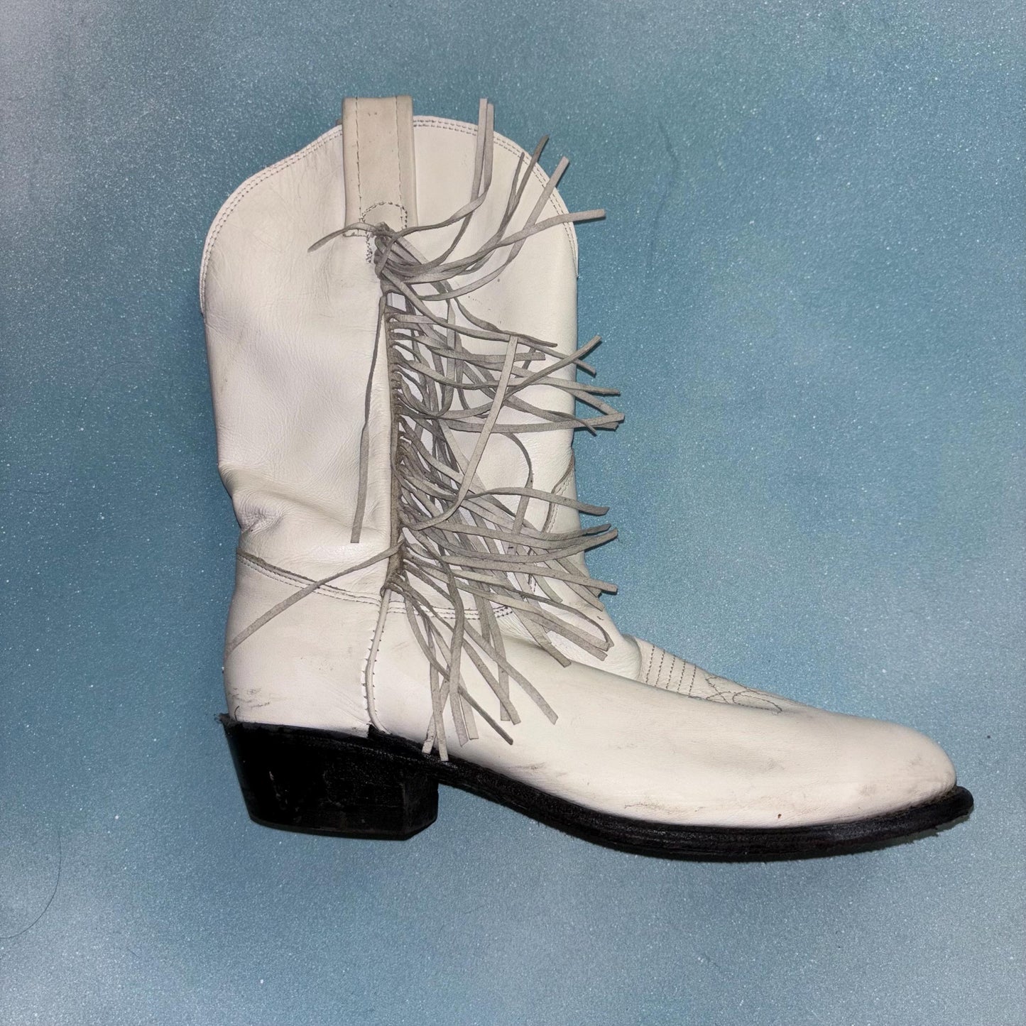 vtg 70s WHITE LEATHER FRINGE Boots // vintage country western Madonna rocker cowgirl retro 80s ankle boots