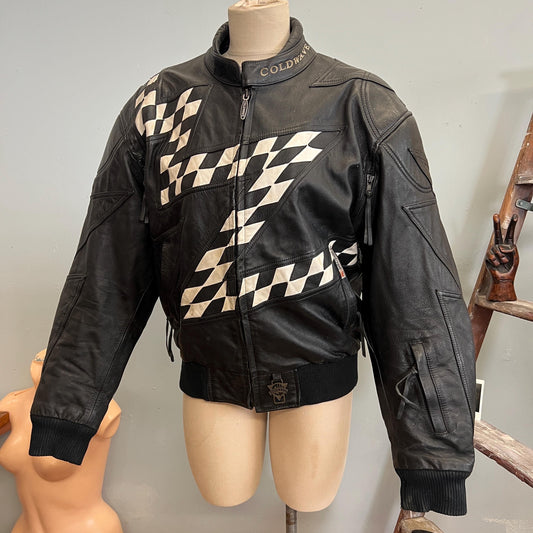 vtg 80s CHECKERED LEATHER JACKET // vintage cold wave scotchlite large padded shoulders motorcycle snowmobile winter jacket outdoors type