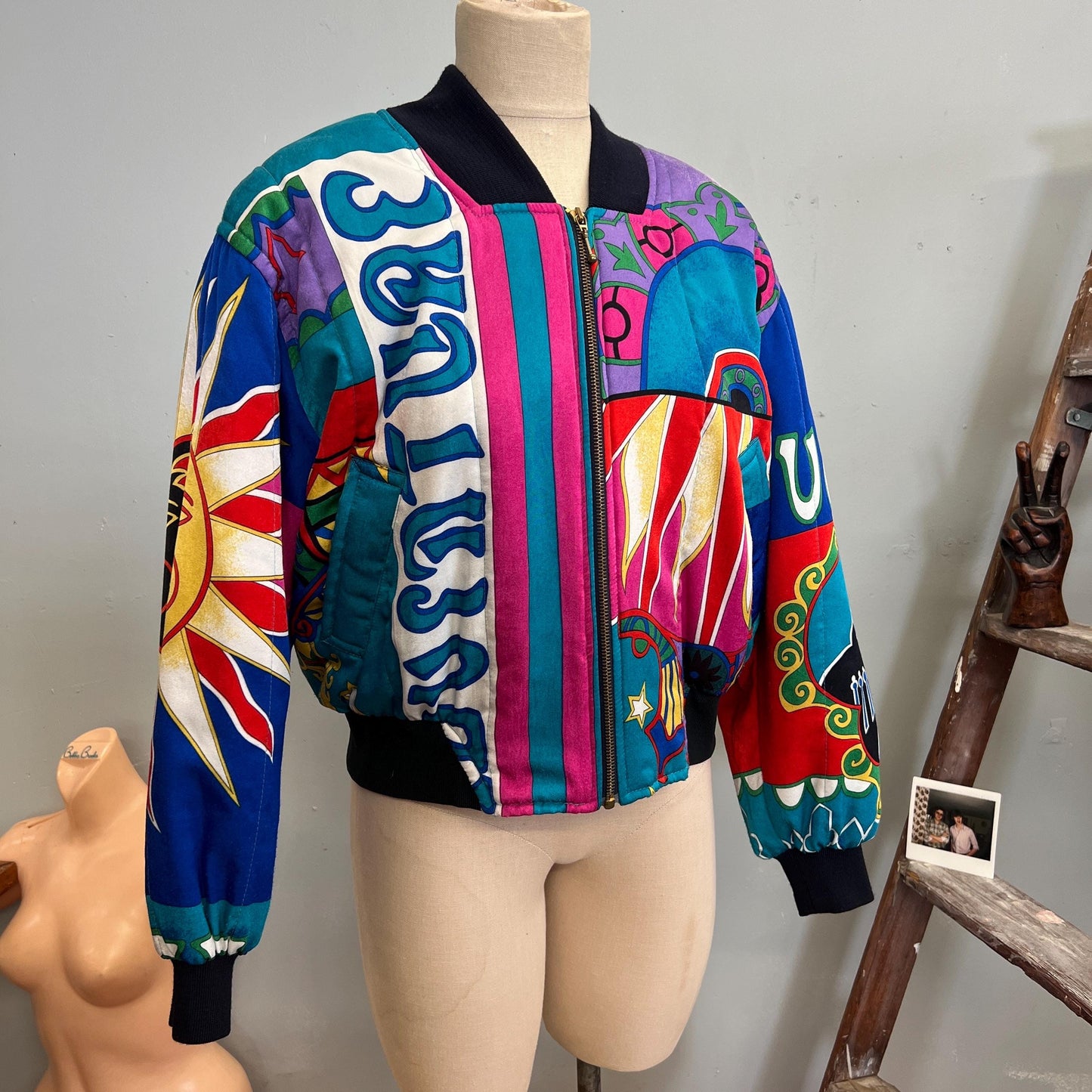 vtg 80s SILKY BOMBER JACKET // vintage apriori large celestial patchwork zip up windbreaker crazy pattern fresh prince retro funky eclectic