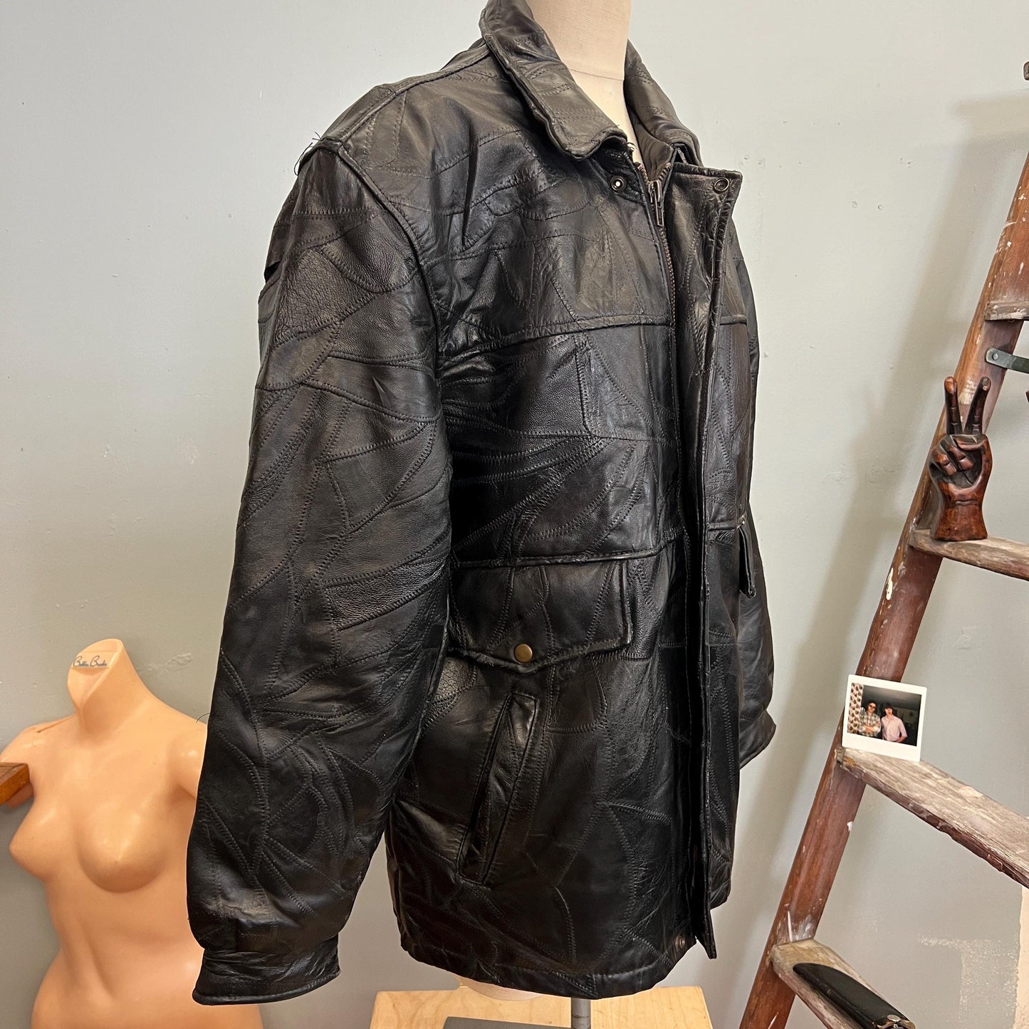 vtg 80s LEATHER PATCHWORK JACKET // vintage stitch detail medium maxam retro slicker supple leather biker Italian design black sleek duster