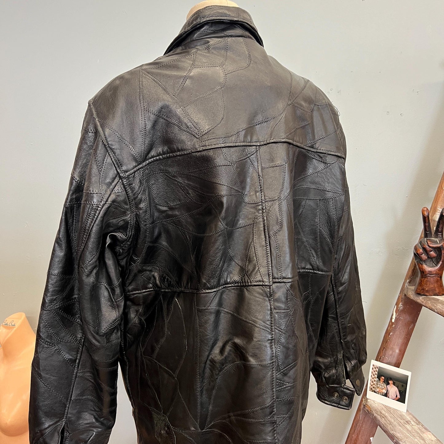 vtg 80s LEATHER PATCHWORK JACKET // vintage stitch detail medium maxam retro slicker supple leather biker Italian design black sleek duster