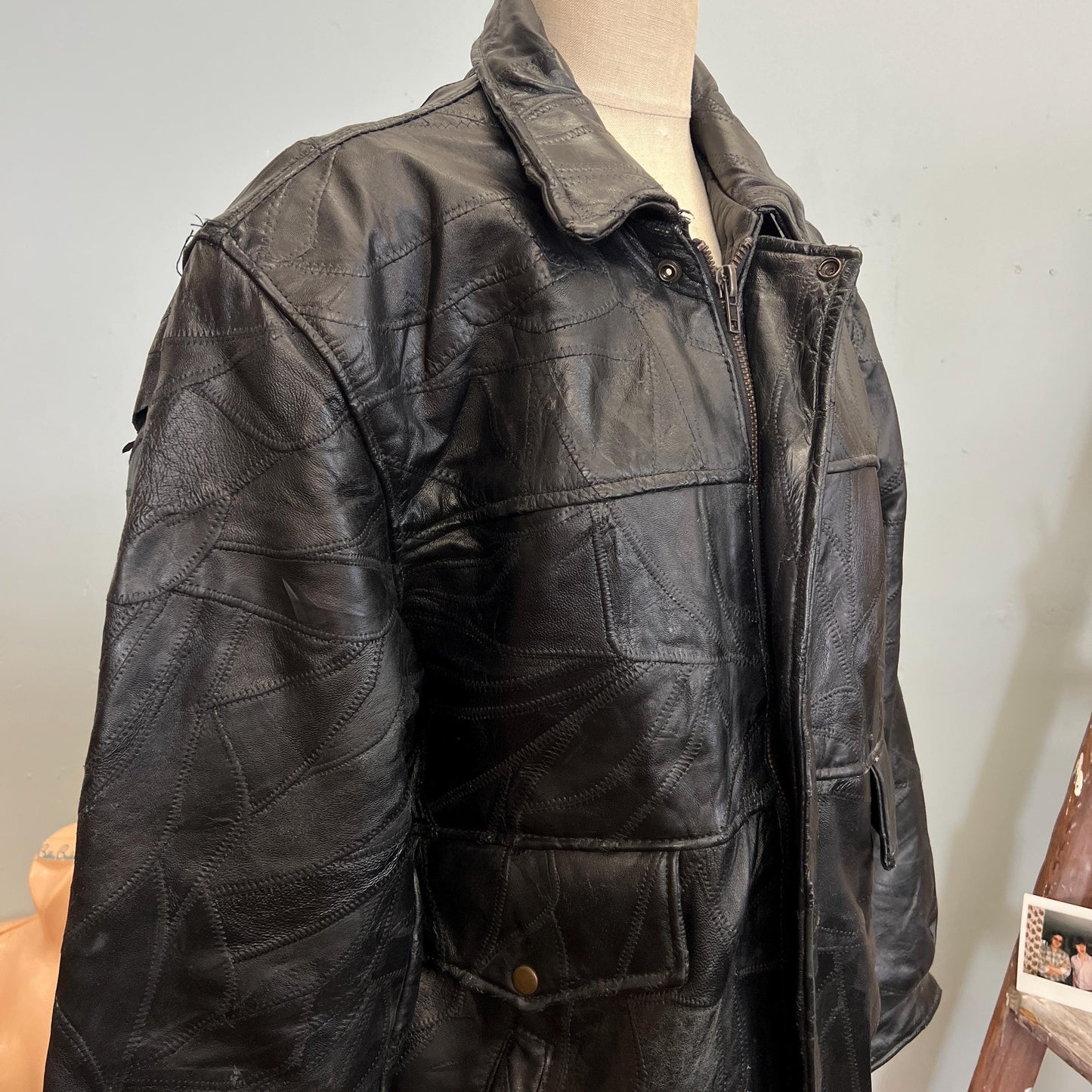 vtg 80s LEATHER PATCHWORK JACKET // vintage stitch detail medium maxam retro slicker supple leather biker Italian design black sleek duster