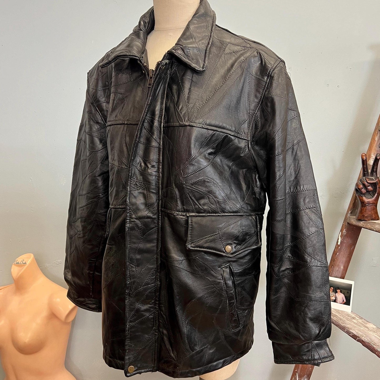 vtg 80s LEATHER PATCHWORK JACKET // vintage stitch detail medium maxam retro slicker supple leather biker Italian design black sleek duster