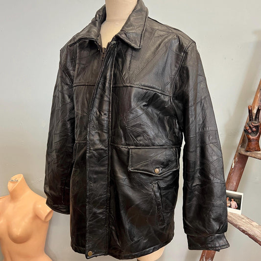 vtg 80s LEATHER PATCHWORK JACKET // vintage stitch detail medium maxam retro slicker supple leather biker Italian design black sleek duster