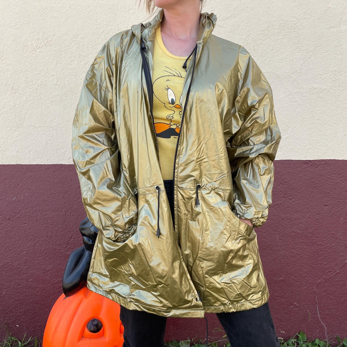 vtg 80s GOLD VINYL JACKET // vintage hooded shiny gold parka autumn wet look madonna windbreaker oversized parka griswolds sweatsuit bling