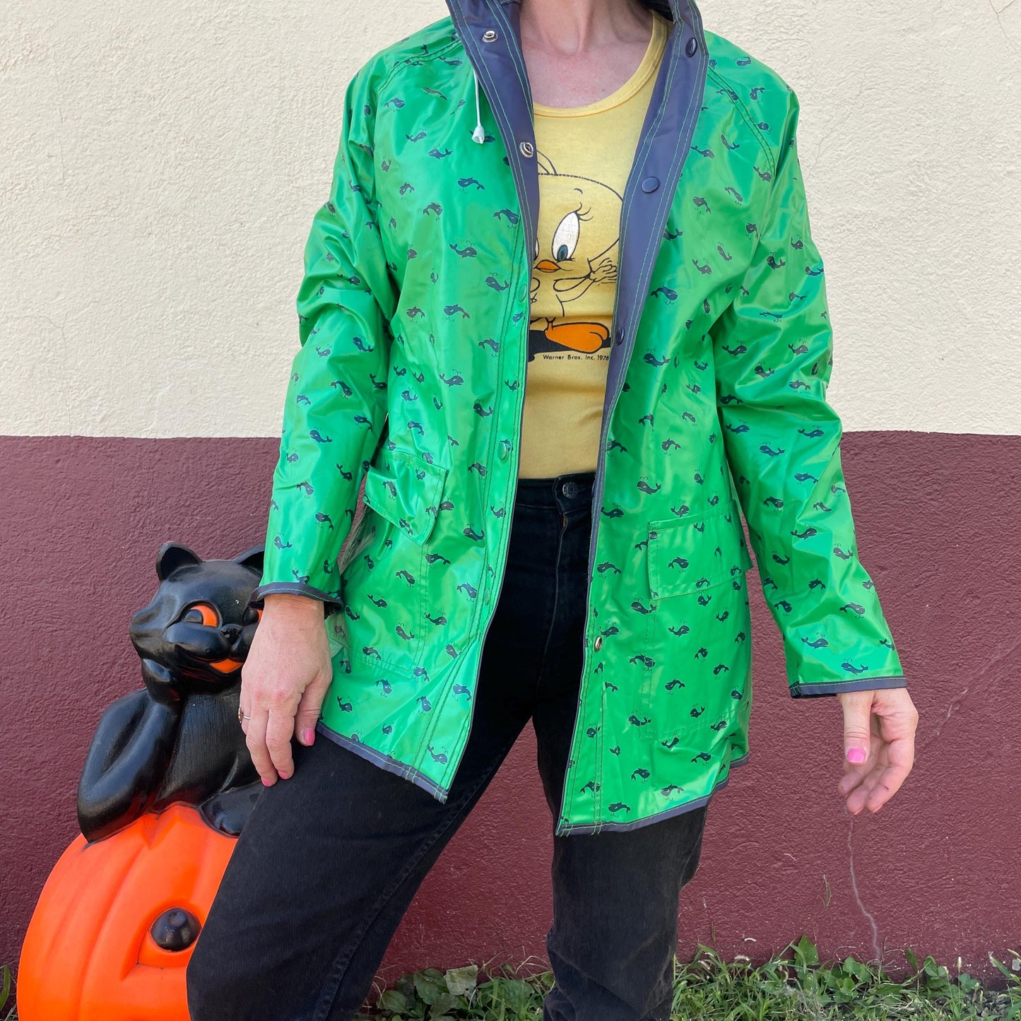 vtg 80s WHALE PRINT JACKET // vintage reversible patterned hooded autumn stranger things grunge pvc wet shiny cute waterproof parka two tone