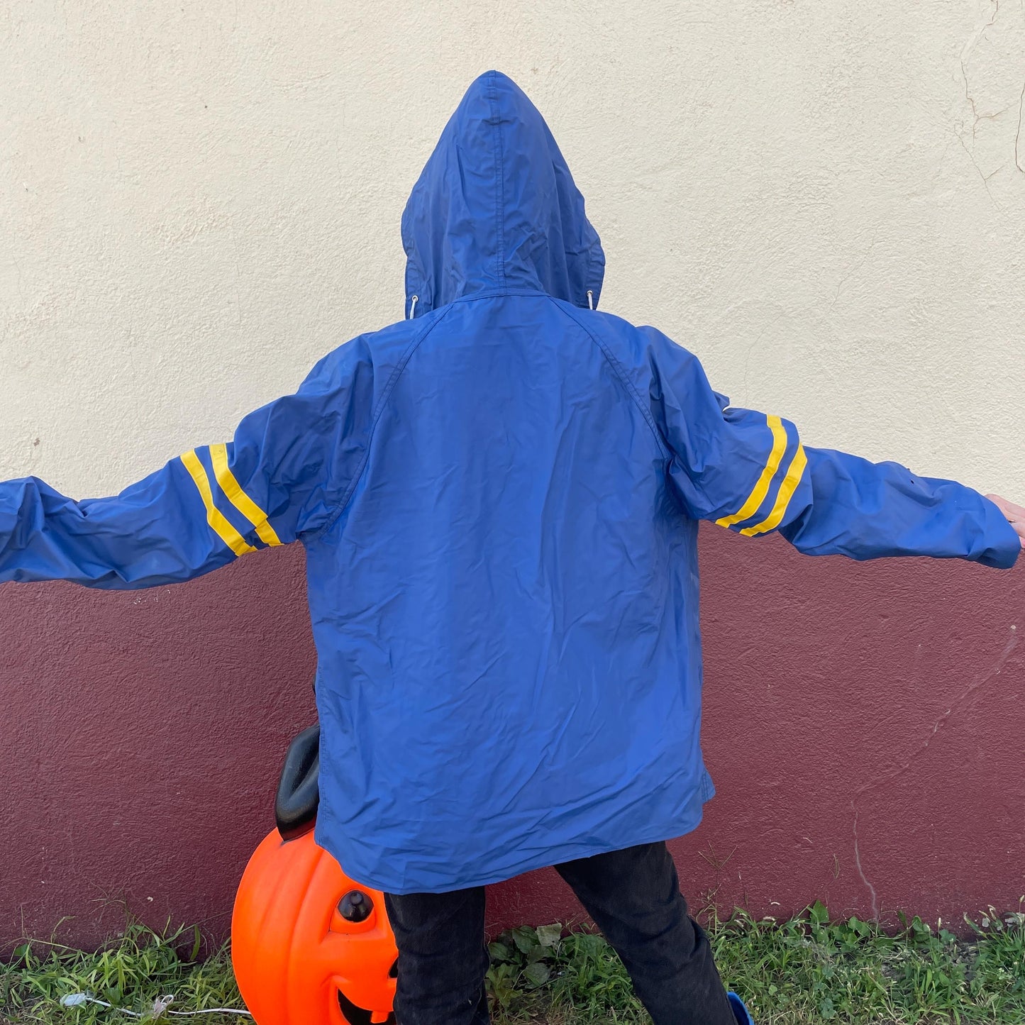 vtg 80s REVERSIBLE STRIPED JACKET // vintage yellow blue hooded autumn stranger things  pvc wet spielberg movie prop halloween pennywise