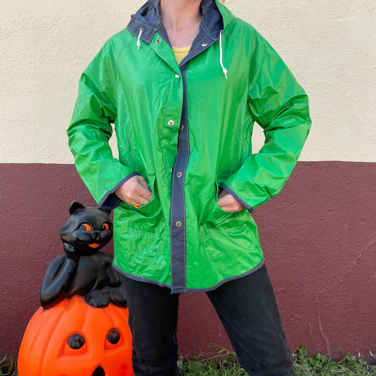 vtg 80s REVERSIBLE RAIN JACKET // vintage vinyl two tone hooded autumn stranger things 90s grunge pvc wet look green lightweight waterproof