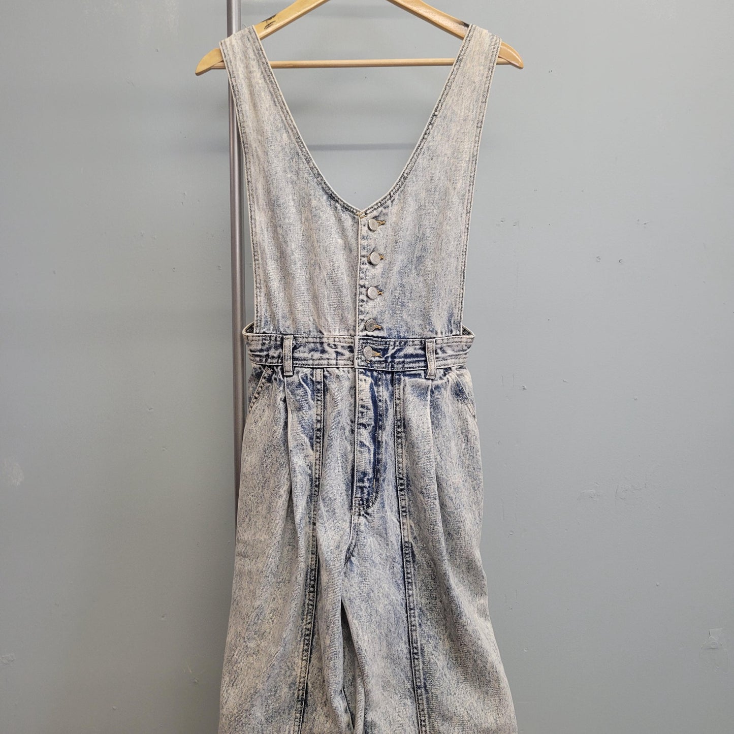 vtg 80s ACID WASH OVERALLS // vintage light wash denim v neck plunge madonna style belted button up denim catsuit straight leg boot cut cute