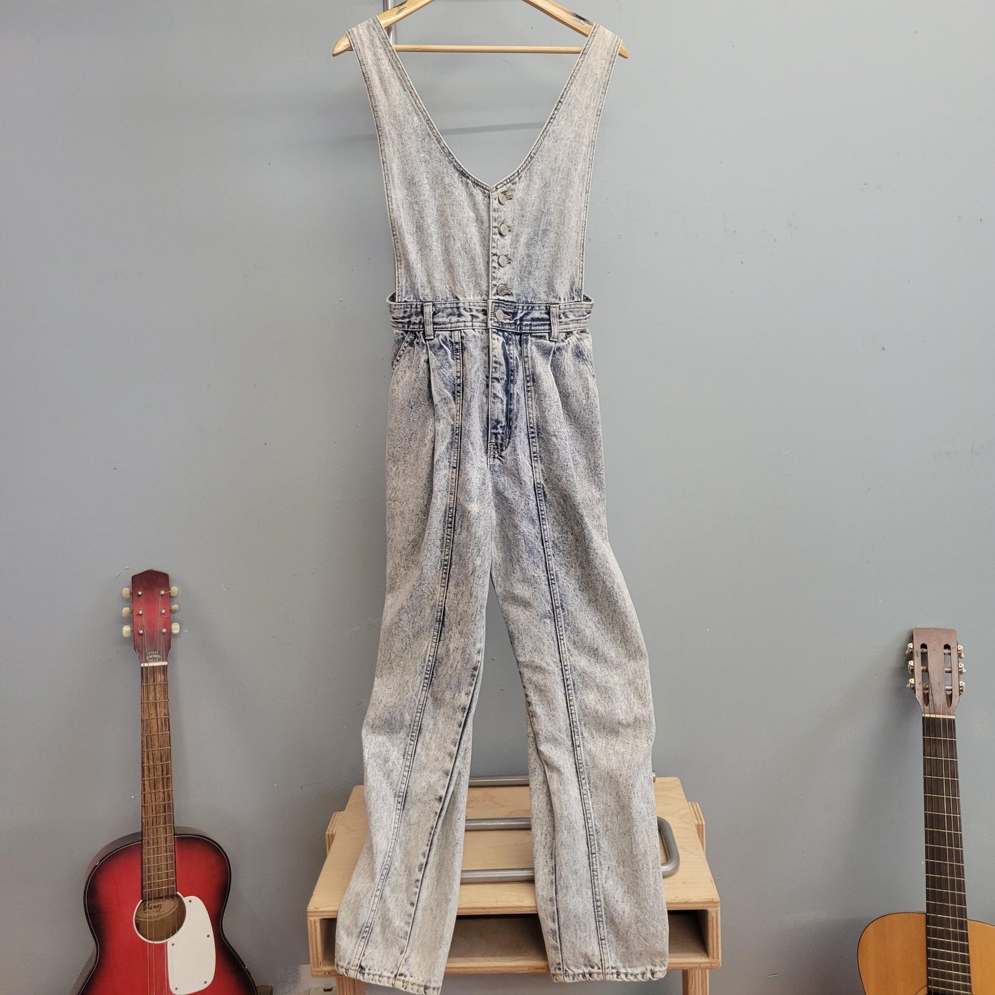 vtg 80s ACID WASH OVERALLS // vintage light wash denim v neck plunge madonna style belted button up denim catsuit straight leg boot cut cute