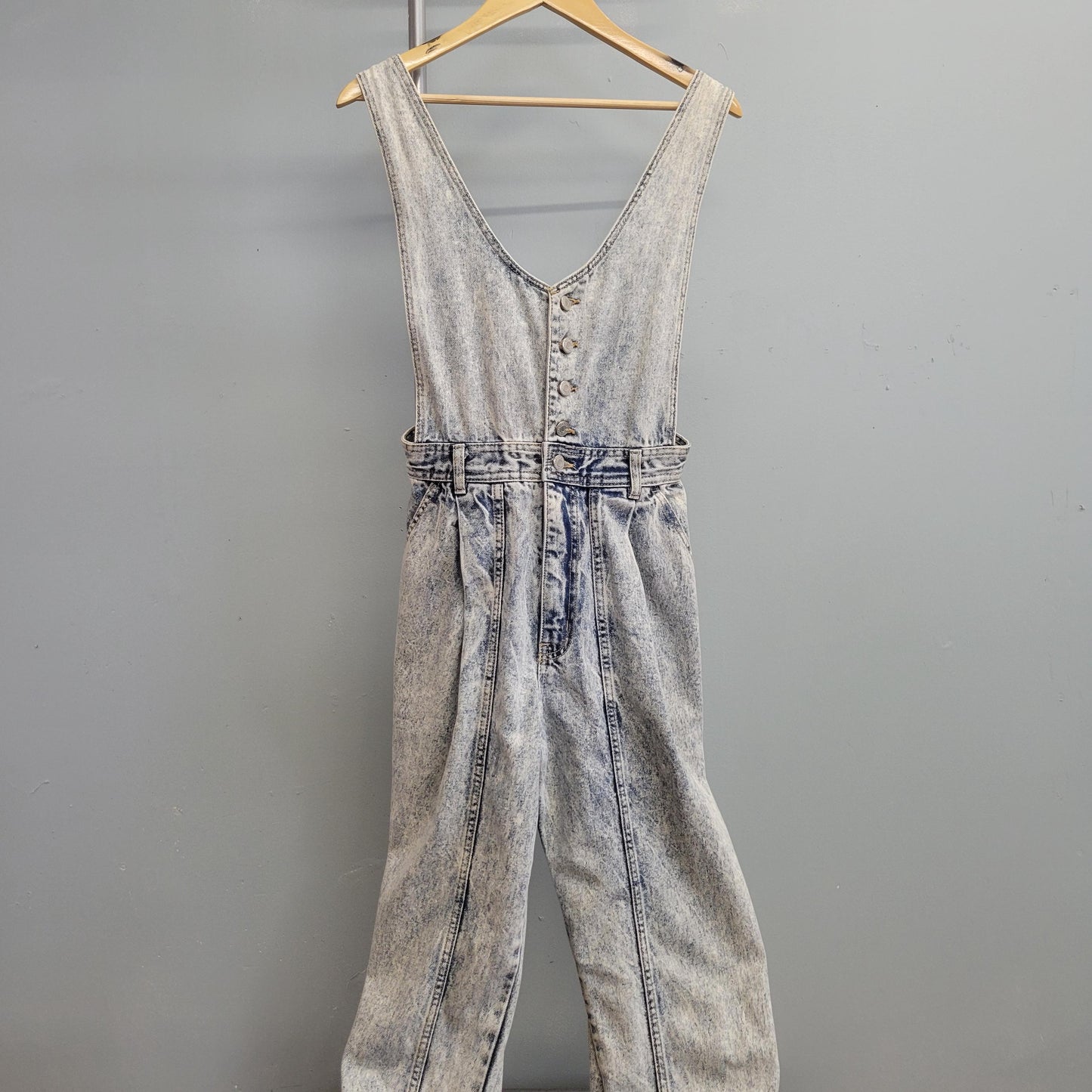 vtg 80s ACID WASH OVERALLS // vintage light wash denim v neck plunge madonna style belted button up denim catsuit straight leg boot cut cute