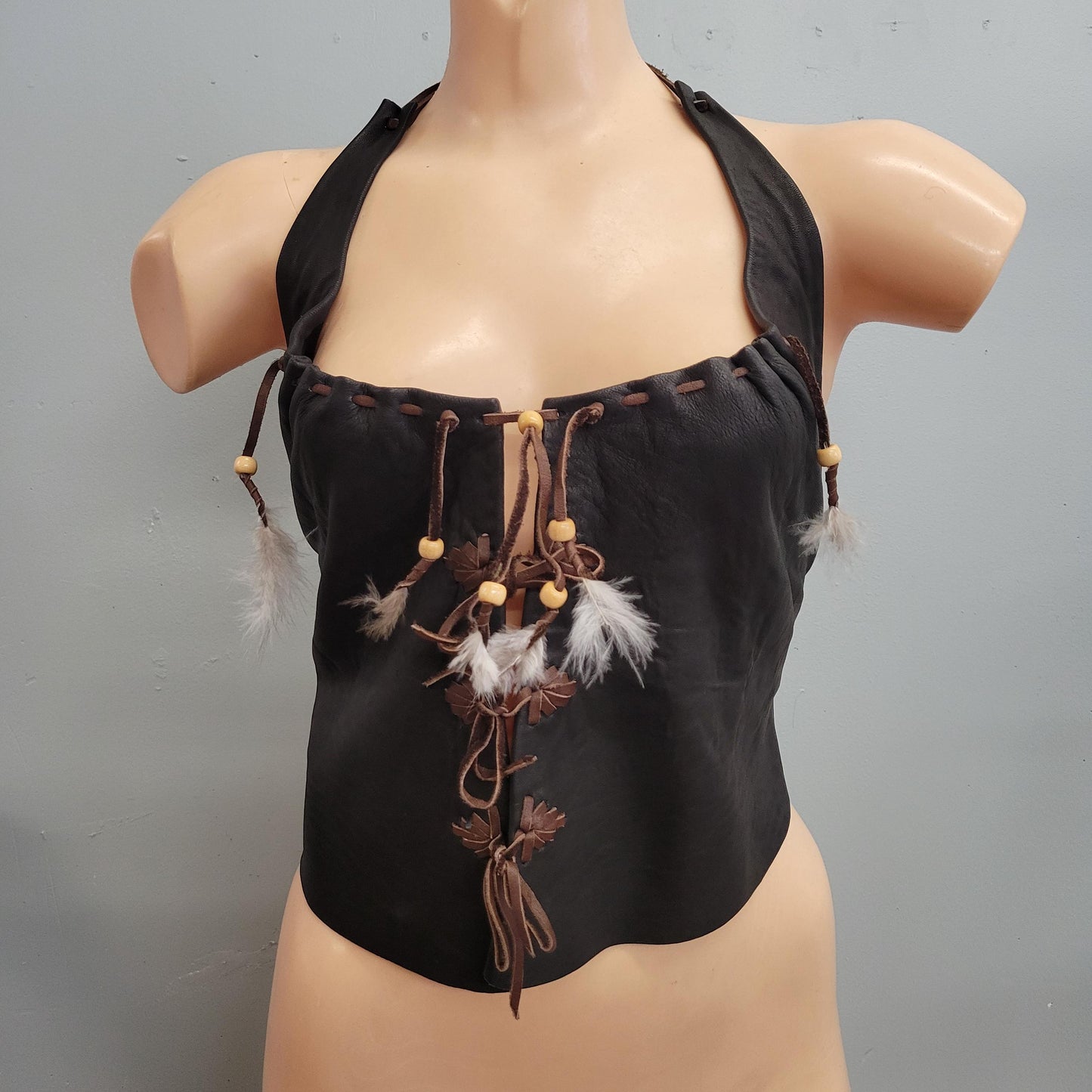 vtg 70s LEATHER LACE UP Top // vintage black leather strap up halter top hippie western bohemian festival style crop top sexy biker babe