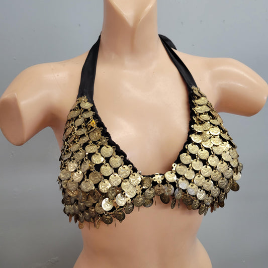 vtg 70s VELVET GOLD COIN Top // vintage bikini style belly dancer shimmy bra top moneymaker sexy festival hippie boho wild woman bohemian