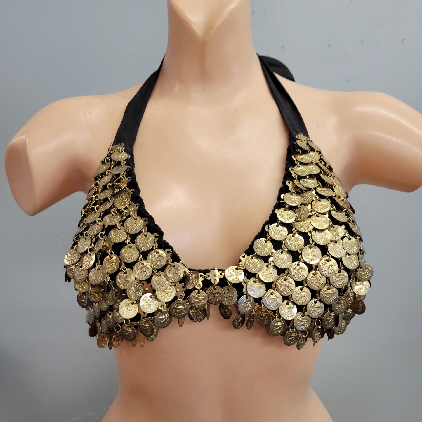 vtg 70s VELVET GOLD COIN Top // vintage bikini style belly dancer shimmy bra top moneymaker sexy festival hippie boho wild woman bohemian