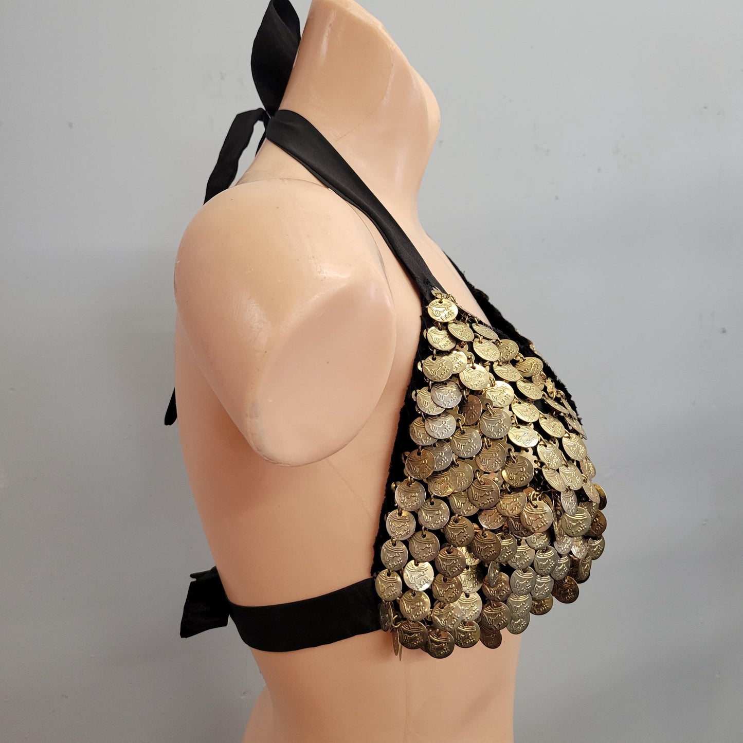 vtg 70s VELVET GOLD COIN Top // vintage bikini style belly dancer shimmy bra top moneymaker sexy festival hippie boho wild woman bohemian