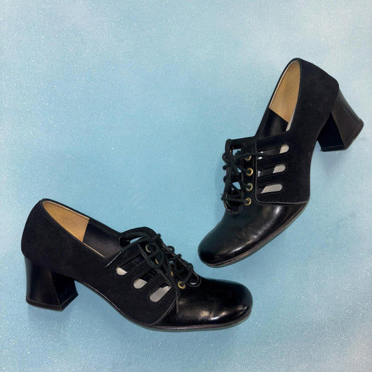 vtg 60s CUT OUT PUMPS // vintage mod black leather & suede chunky platform heels lace up retro stacked loafers soft goth wednesday addams