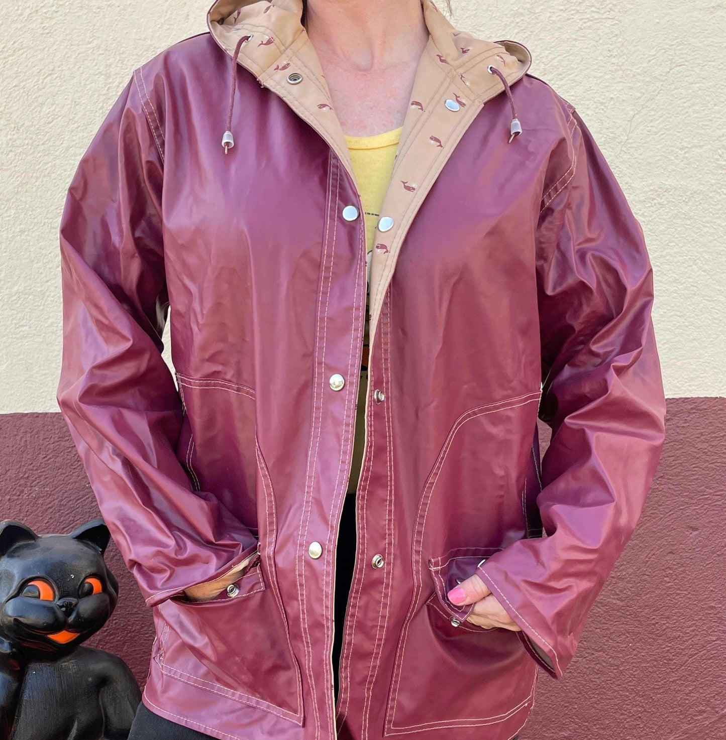 vtg 80s DUCK PATTERNED JACKET // vintage earth tones autumn stranger things 90s grunge pvc wet look shiny  waterproof earth tones 90s parka