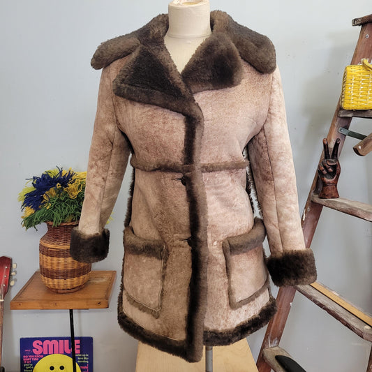 vtg 70s SUEDE FUR COAT // vintage ardney suede lamb size 10 shearling hide two tone penny lane fur trim button up winter overcoat suede lamb