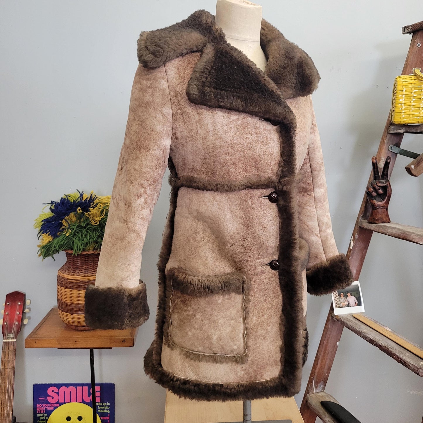 vtg 70s SUEDE FUR COAT // vintage ardney suede lamb size 10 shearling hide two tone penny lane fur trim button up winter overcoat suede lamb